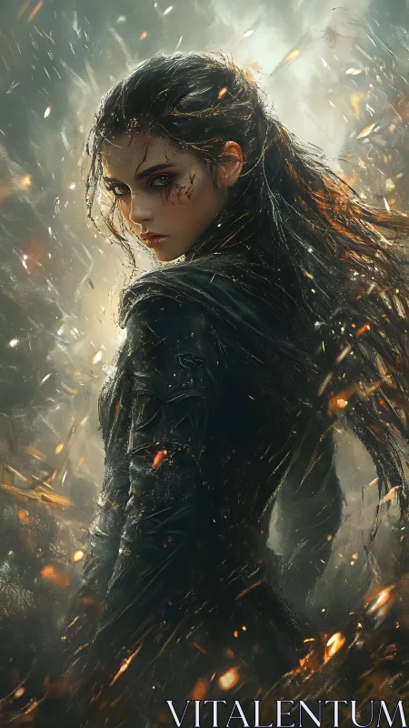 Female warrior in dark armor within embers and smoke.