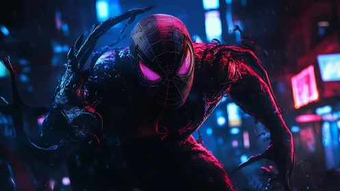 Venomized night-runner stalks neon-soaked cyber city streets.