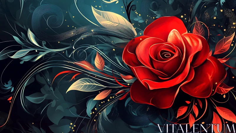 Red rose against dark teal cosmic background with swirling ornaments.