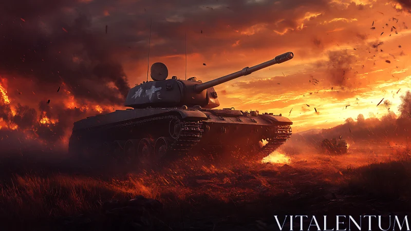 Heavy battle tank advances through burning dusk battlefield