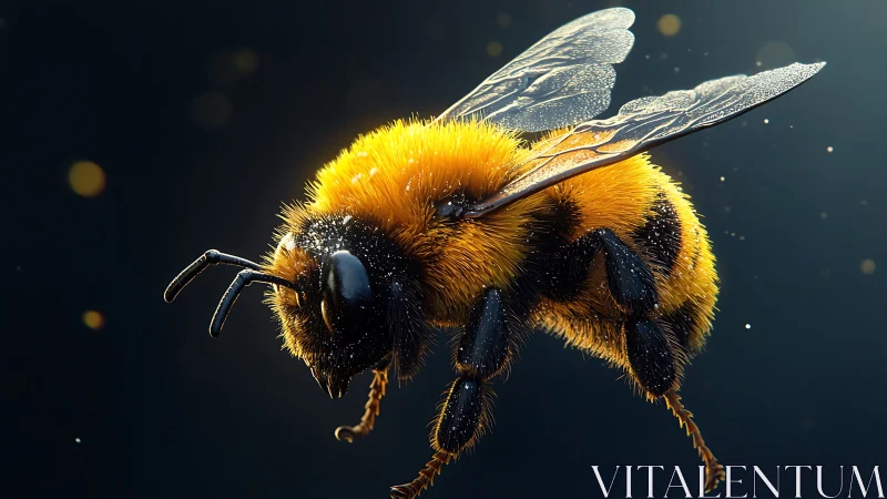 Macro render shows detailed flying bee against dark background
