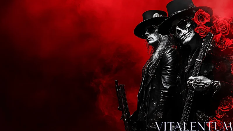 Rocking outlaw duo stands bold in red smoke and roses