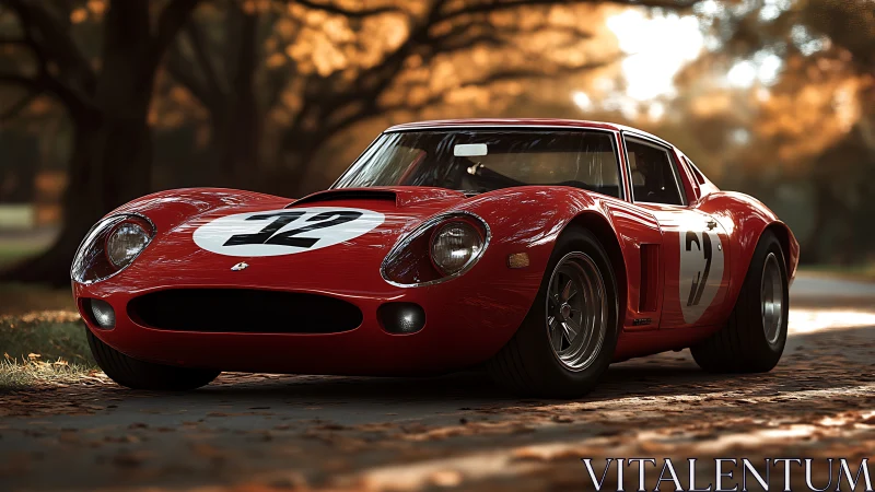 Scarlet racing legend idles beneath autumn&rsquo;s golden canopy.