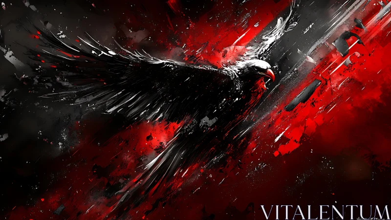 Kinetic digital raptor bursting through red and black abstraction