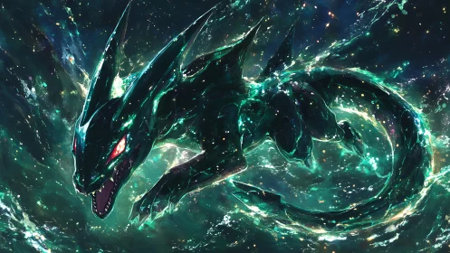 Celestial aquatic dragon rendered in luminous teal space field.