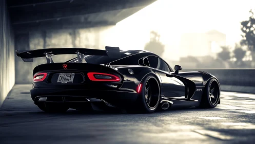 Aerodynamic black track-spec supercar under concrete overpass.