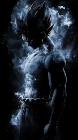 Storm-lit anime warrior stands calm in swirling cosmic power