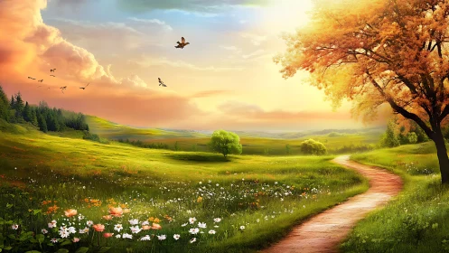 Sunlit rural path through flowering meadow landscape scene.
