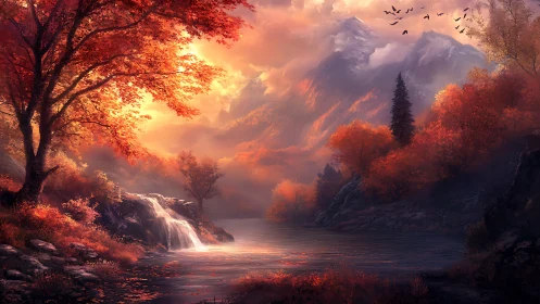 Glowing autumn valley cradles a tranquil waterfall and lake