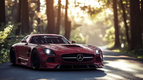 Aerodynamic red GT racer under diffused forest backlighting.