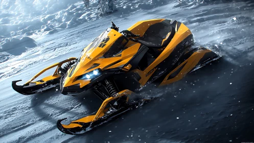 High-speed yellow snowmobile carving icy mountain trail.