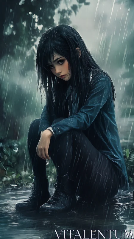Quiet-hearted girl in the rain pauses in a tender, moody moment