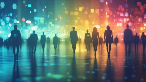 Silhouetted figures in chromatic data metropolis at dusk.