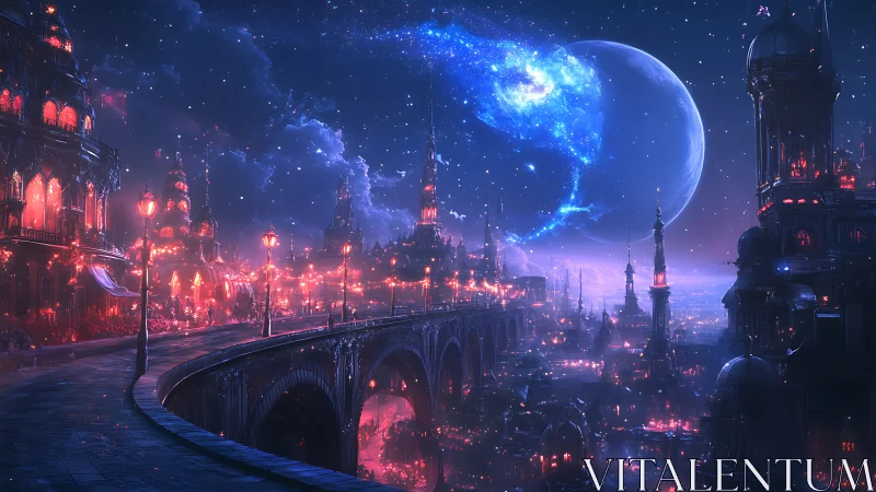 Luminous alien city glows under vast crescent planet sky