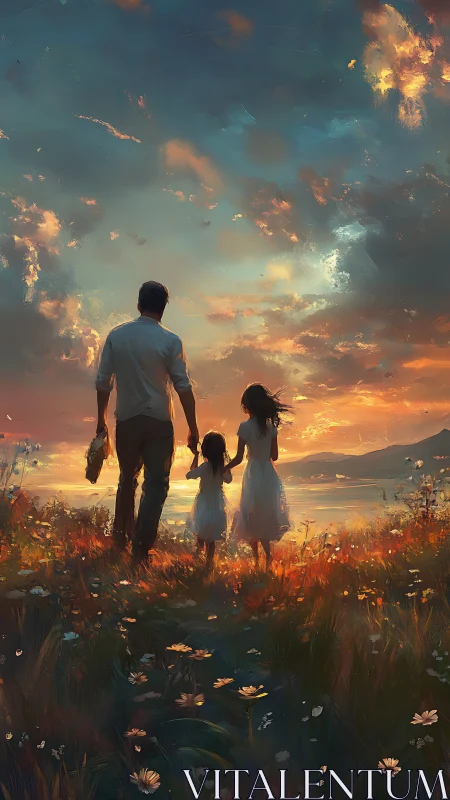 Father and daughters traverse luminous wildflower meadows toward horizon light.