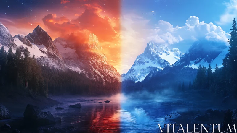 Mountains trade fire for frost across a mirrored valley