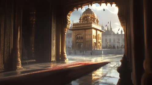 Digital painting of golden temple courtyard with framed archway.