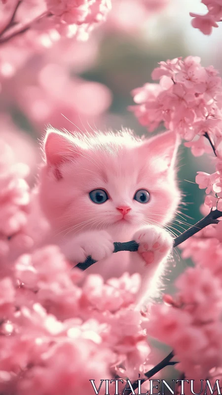 A Precious White Kitten Among Blooming Pink Flowers