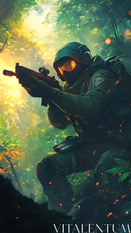 Tactical operative aiming rifle in luminous jungle foliage.