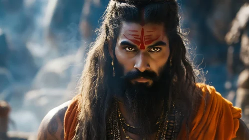 Fierce mystic sage gazes through swirling mountain incense.