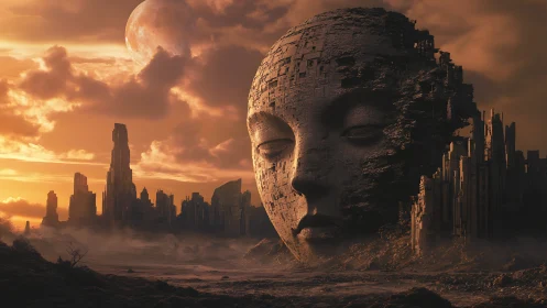Colossal stone dreamer crumbles quietly beneath twin dusk skies