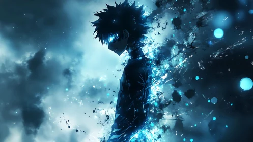 Silhouetted energy figure dissolving into blue particles.