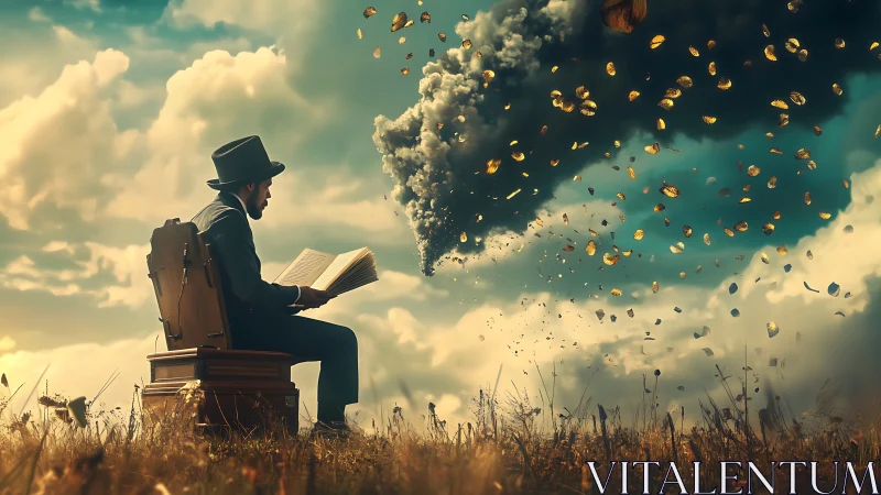 Man reading as golden pages swirl into stormy sky.