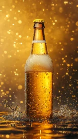 Golden beer bottle glows in sparkling celebratory splash