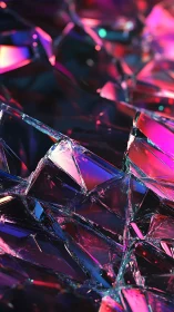 Shimmering glass shards glow with neon pink and blue light