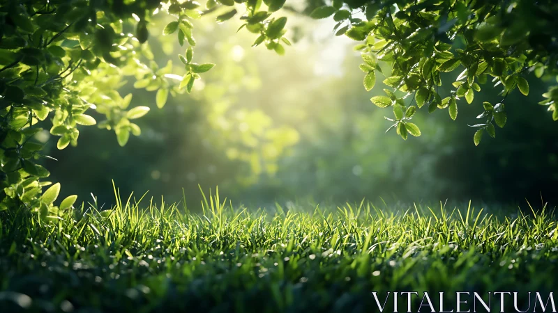 Sunlit grass glows beneath dense green foliage archway