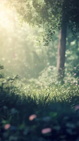 Sunlit Forest Glade with Morning Mist.