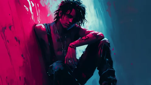 Neon-lit cyberpunk loner in magenta cyan chiaroscuro corner