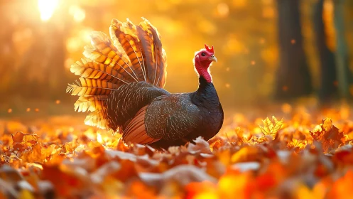Wild Turkey Displaying Ornate Plumage in Autumnal Forest Environment.