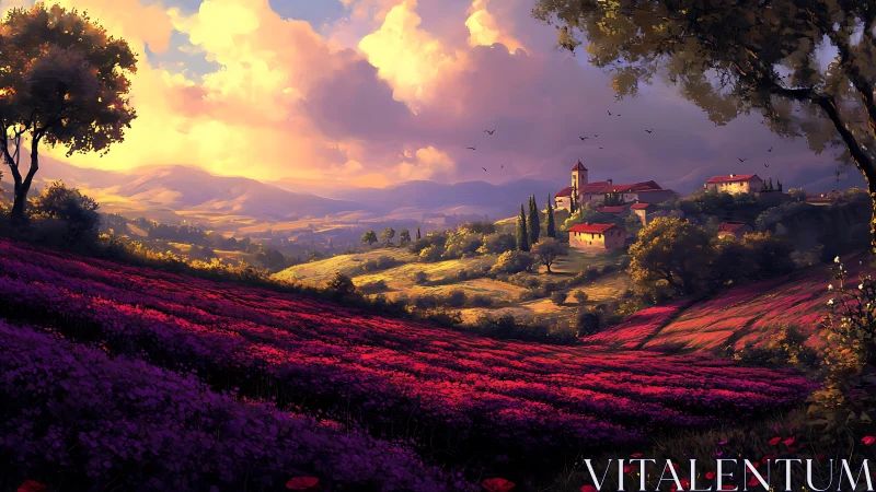 Sunlit hillside village overlooks vivid purple flower fields