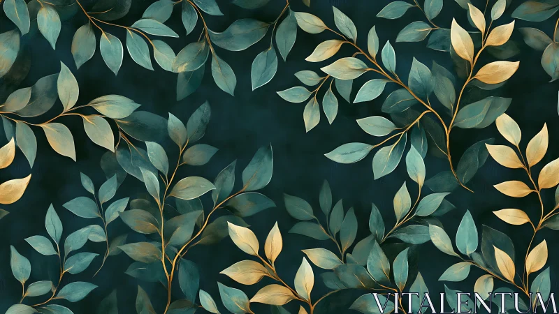 Teal gold foliage pattern over deep emerald background