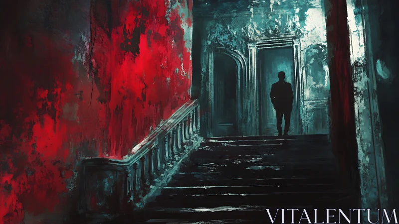Silent figure on eerie red stairway in a forgotten mansion.