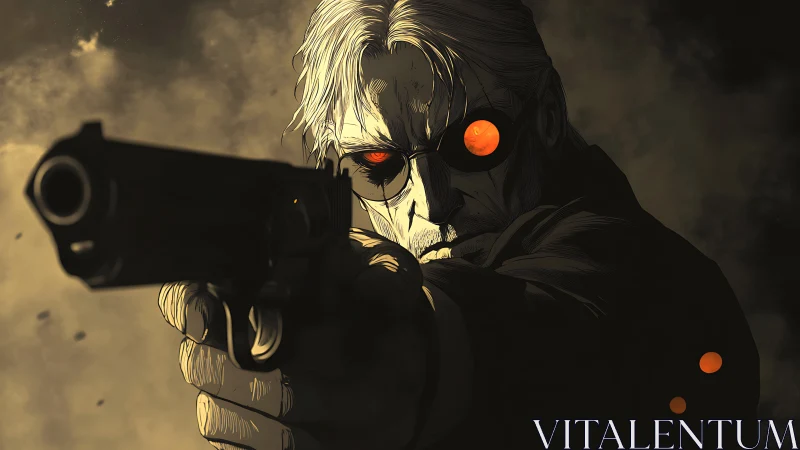 Gunman with glowing cybernetic eye in dark atmosphere.