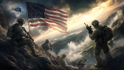 US soldiers on rocky ridge with flag in stormy landscape.