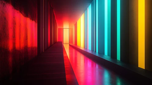 Digital corridor with chromatic light bands and vanishing point.