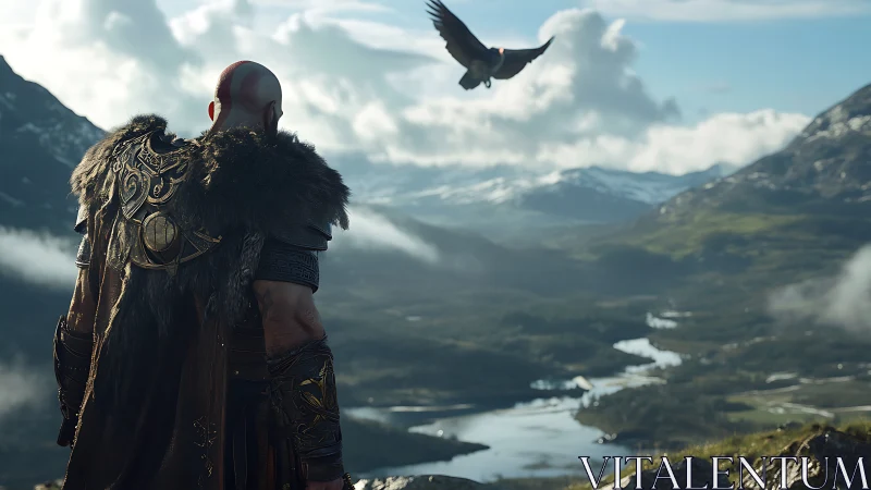 Armored warrior overlooking glacial valley with soaring bird