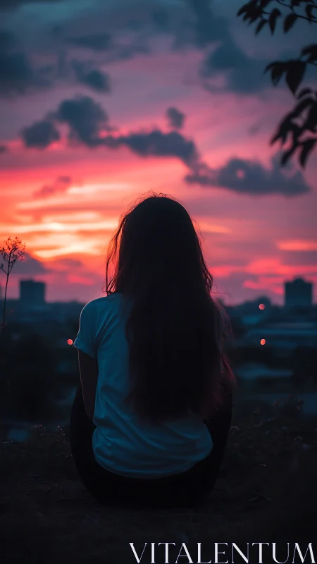 Solitary silhouette watching neon pink urban sunset glow.