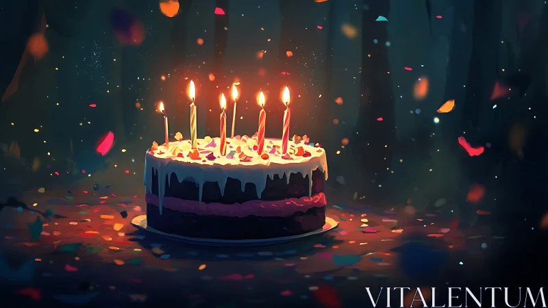 Birthday Cake with Glowing Candles Surrounded by Colorful Confetti.