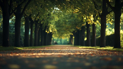 Tree lined park path with fallen autumn leaves at dusk.