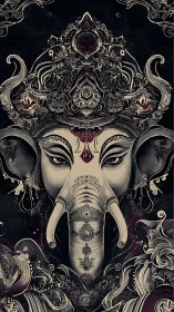 Ornate cosmic elephant deity with hypnotic gaze and sigils.