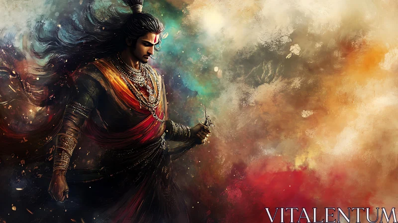 Celestial warrior strides through swirling cosmic embers.