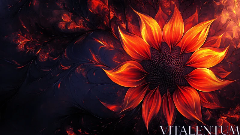 Radiant fractal sunflower bloom in fiery orange and crimson tones