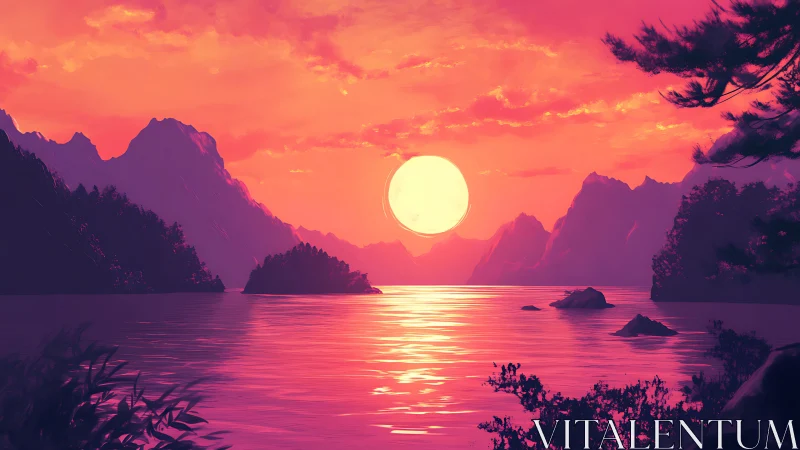 Chromatic alpine lake horizon with oversized solar disc.