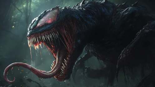 Monstrous alien predator lunges through misty forest.