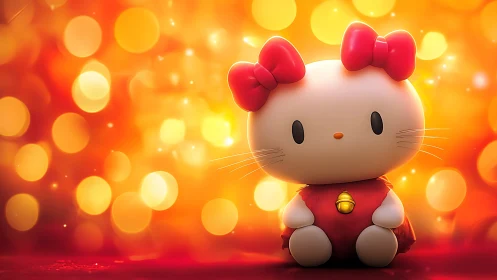 Glowing kitty toy sits softly amid golden bokeh lights