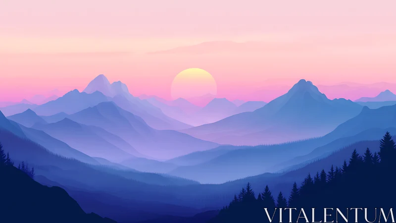 Pastel sunrise over layered blue mountain landscape.